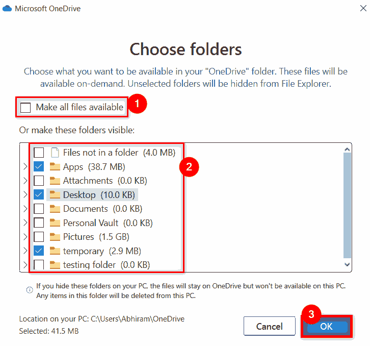 在OneDrive中选择要同步的特定文件夹